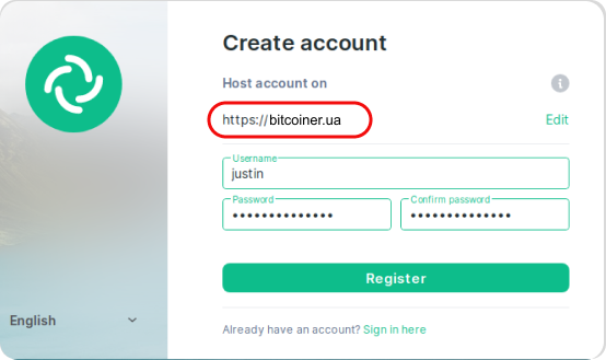 Screenshot of the account creation window